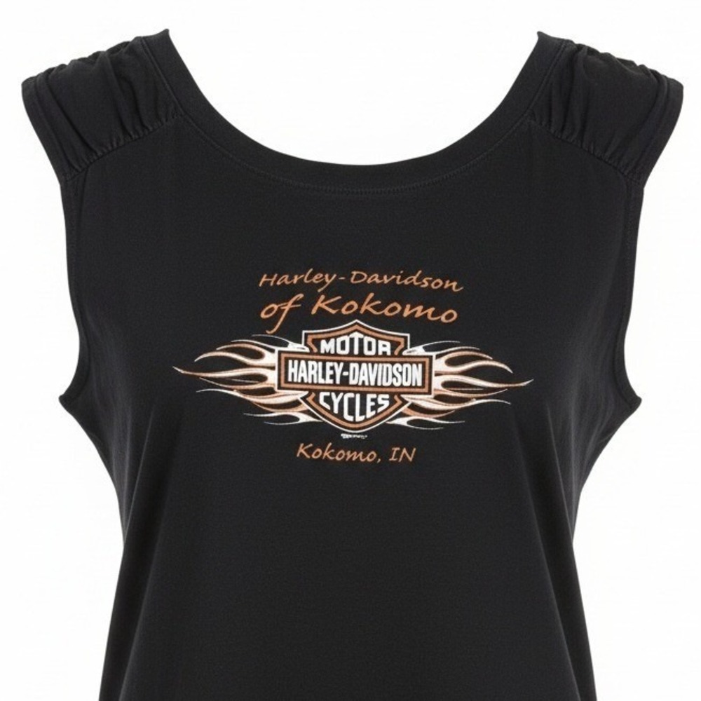 Harley-Davidson Womens L Kokomo Indiana Ruched Shoulder Tank Top Black 2008 - Picture 4 of 11